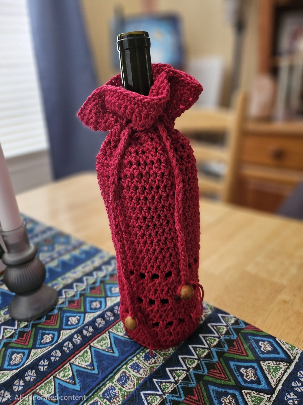 Handmade Crocheted Wine Bottle Bag in Rich Berry